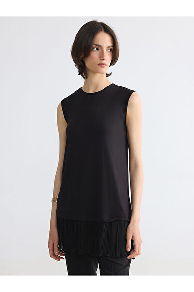 LC Waikiki Nevavm Women's Pleated Tunic with Oval Collar and Difference in Color