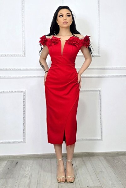FashionForYou Rochie bodycon midi SEVRIA, stil cu umerii goi, cu detalii flor...