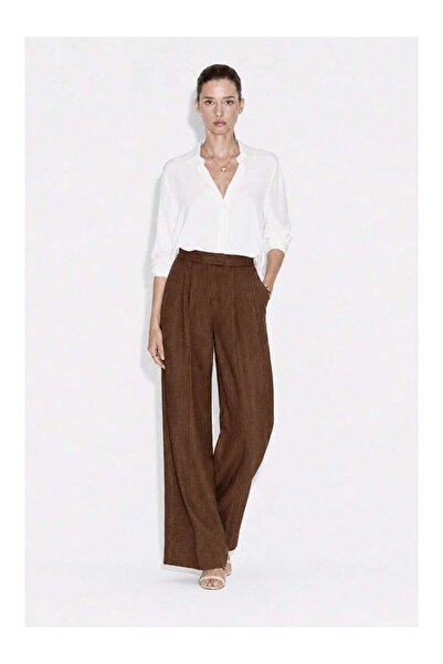 LC Waikiki Nevavm Brown Linen Textured Wide-Legged Brown Trousers with Hidden...