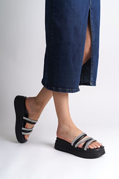 Zapatos ELISE Γυναικείες παντόφλες με ίσια τακούνι με ρίγες πέτρα χοντρή και ...