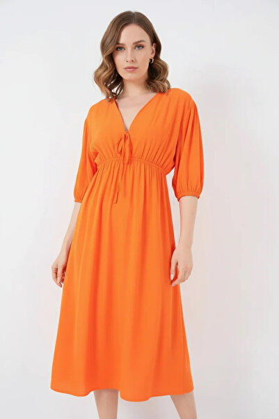 Generic Brand Women's Drawstring Waist V-Neck Viscose Orange Dress