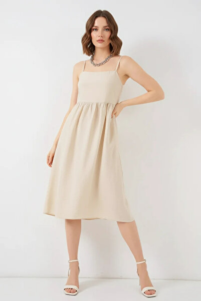 buğrahayalin Women's Strappy Belted Viscose Cream Dress