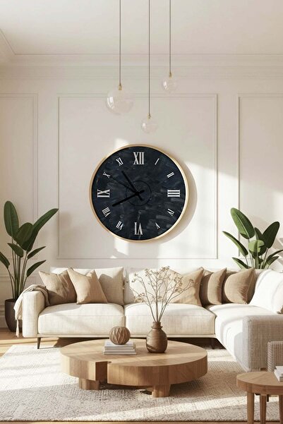 Zevahir Home Natural Wood Framed Black Smoke Textured Mdf Decorative Wall Clock