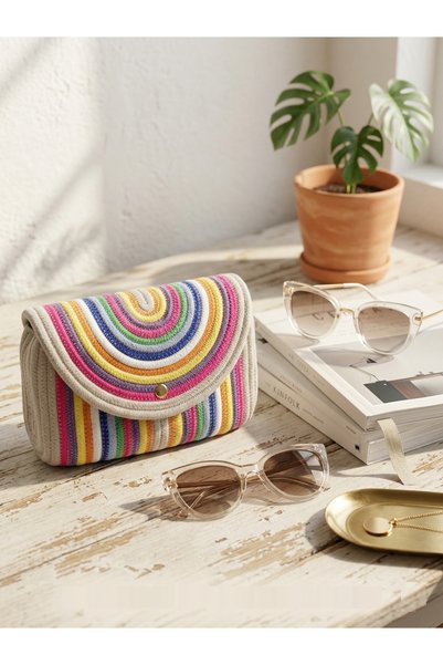 ANKAMOR Women's Stylish Knitted Textured Rainbow Patterned Summer Hand and Shoulder Bag - Adjustable Handle Arm and Shoulder Women's Bag
