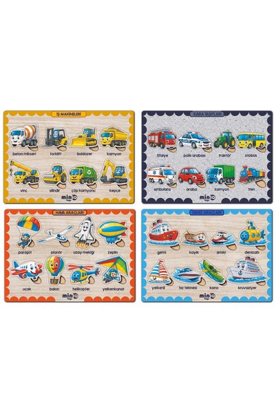 minİQ toys Wooden Turkish Air Vehicles-Ground Vehicles-Marine Vehicles-Work Machines 4-Piece Vehicle Set Educational-Learning Puzzle