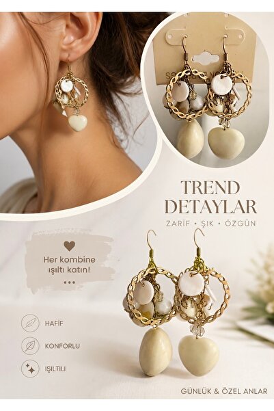 ELUNE İSTANBUL &Milano Gold Chain Ring Detailed Bohemian Earrings Ecru Heart ...