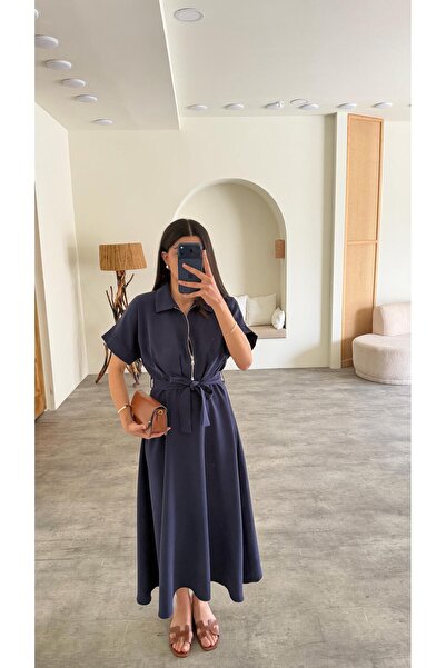 GAUS CO Lacivert Polo Yaka Kuşaklı Tencel Kumaş Elbise GAUS-01429