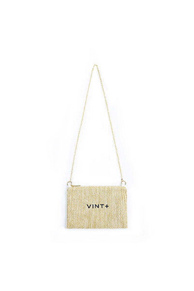 vintplus ZİNCİRLİ HASIR CLUTCH ÇANTA - SİYAH NAKIŞLI