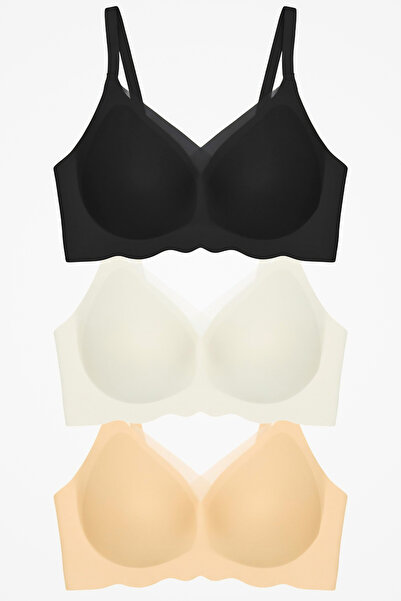 Homay 3-Piece Tulle Detailed Underwire-Free Wavy Laser Cut Seamless Bra