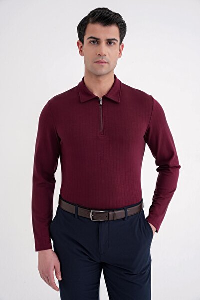 Efor Comfort Fit Cotton Zippered Polo Collar Long Sleeve Claret Red T-Shirt T...