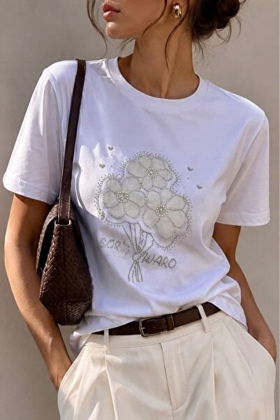 bb butik basic Tricou de damă cu broderie florală din bumbac MY3535