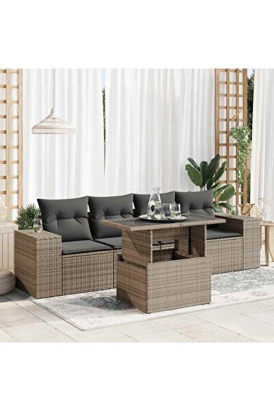 vidaxl Set canapea de gradina cu perne, 5 piese, gri, poliratan