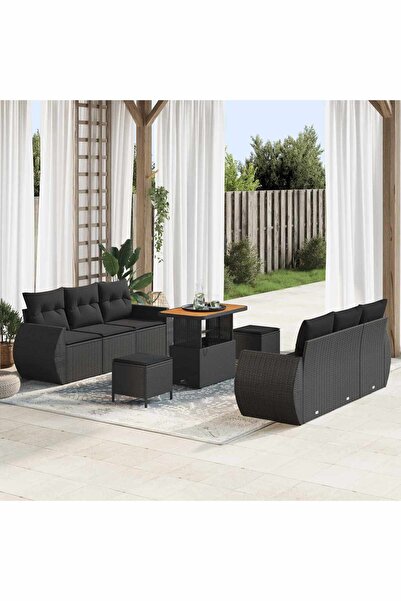 vidaxl Set de canapele pentru gradina cu perna 9 pcs Negru poliratan