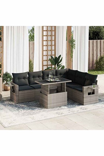 vidaxl Set canapele de gradina, 7 piese, cu perne, gri, poliratan