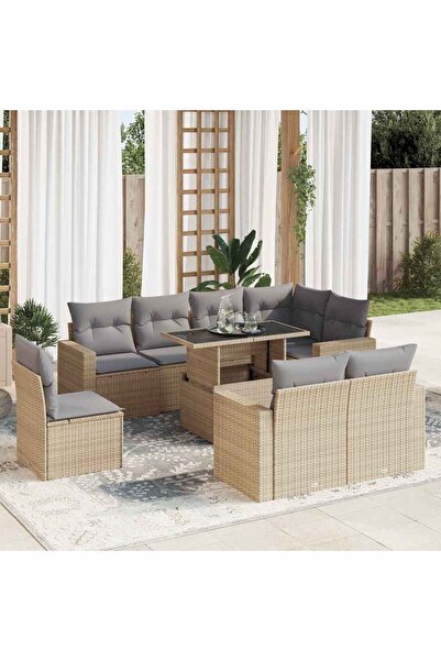 vidaxl Set canapele de gradina, 9 piese, cu perne, bej, poliratan