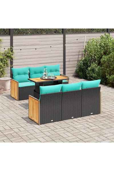 vidaxl Set canapele gradina perne 7 piese negru, poliratan/lemn acacia