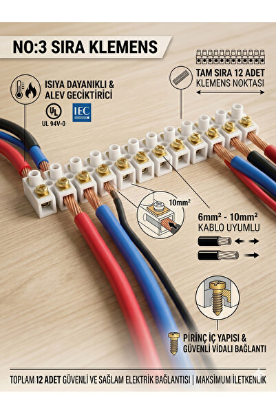 ECONA NO:3 Sıra Klemens 12 Lİ Set - 6-10 mm² Yanmaz Isıya Dayanıklı Kablo Kon...
