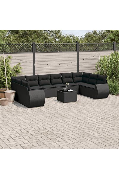 vidaxl Set canapele de gradina cu perne, 11 piese, negru, poliratan