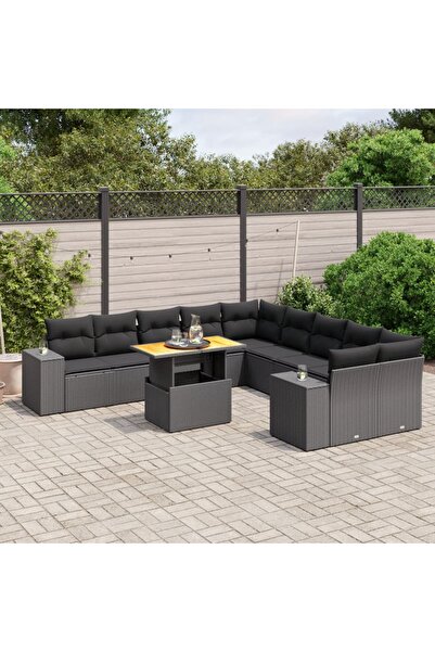 vidaxl Set canapele de gradina cu perne, 11 piese, negru, poliratan