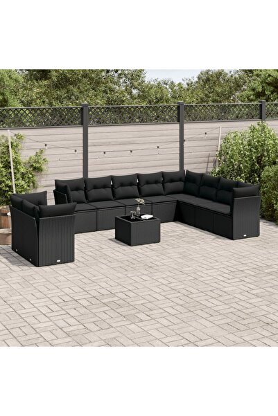 vidaxl Set canapele de gradina cu perne, 11 piese, negru, poliratan