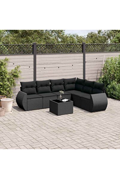vidaxl Set canapele de gradina cu perne, 7 piese, negru, poliratan