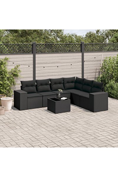 vidaxl Set canapele de gradina cu perne, 7 piese, negru, poliratan