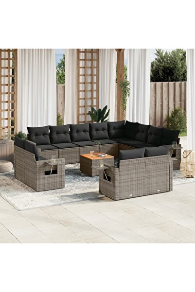 vidaxl Set mobilier de gradina cu perne, 13 piese, gri, poliratan