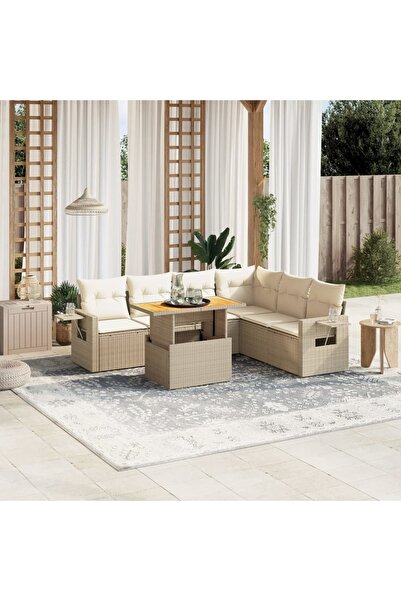vidaxl Set canapele de gradina, 7 piese, cu perne, bej, poliratan