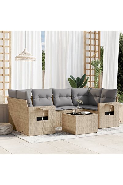 vidaxl Set canapele de gradina, 7 piese, cu perne, bej, poliratan