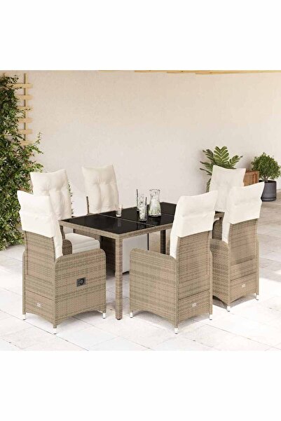 vidaxl Set bistro de gradina cu perne, 7 piese, maro, poliratan