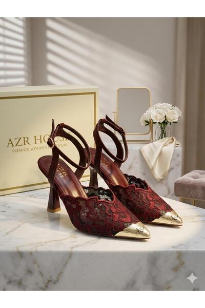AZR New Season New Model High-Heeled Shoes with Lace Embroidery. With a Heel Design, It Creates a Feminine and Stylish Look.