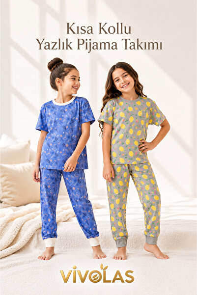 Vivolas Kız Çocuk Kısa Kollu %100 Pamuklu Pijama Takımı Yazlık Rahat Kalıp (3...