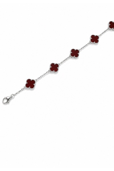 Desing 925 Ayar Gümüş Bordo Taşlı 5 Motif Yonca Bileklik 6.20 Gr