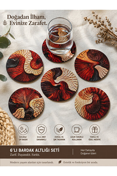 Şımartan Wooden Patterned Uv Printed Mdf Coasters Set of 6 – 9X9 cm Decorativ...