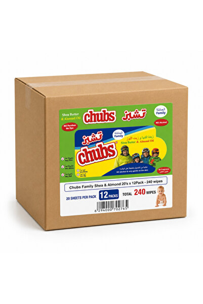 chubs مناديل مبللة بالشيا واللوز، عبوة عائلية تحتوي على 20 منديل، 12 عبوة