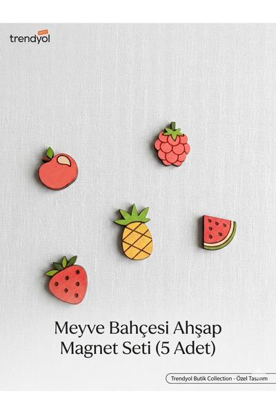 şekergümüş 5'li Set Renkli Meyveler Ahşap Magnet - Dekoratif Mutfak ve Buzdol...