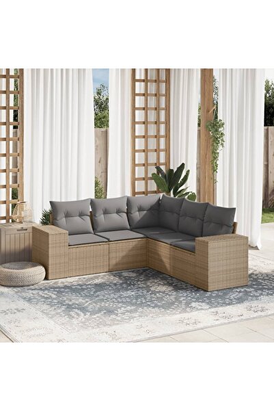 vidaxl Garden sofa set with cushions, 5 pieces, beige, polyrattan