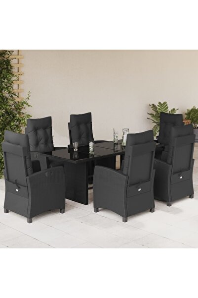 vidaxl Garden furniture set with cushions, 7 pieces, black, polyrattan