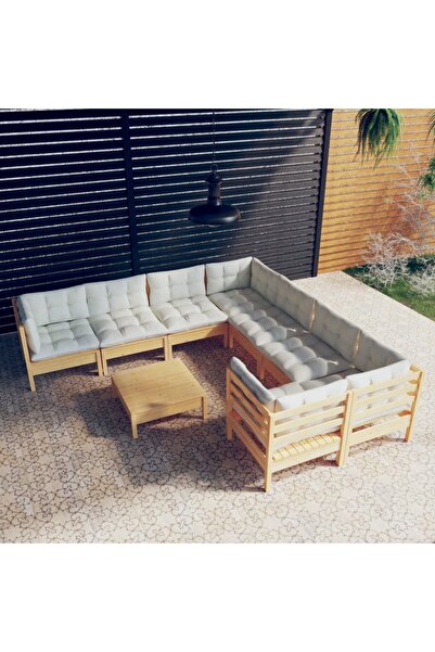vidaxl Set mobilier gradina cu perne, 9 piese, crem, lemn de pin