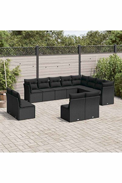 vidaxl Garden sofa set, 12 pieces, with cushions, black, polyrattan