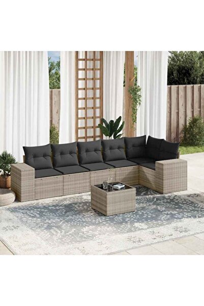 vidaxl Garden sofa set with cushions, 7 pieces, light grey polyrattan