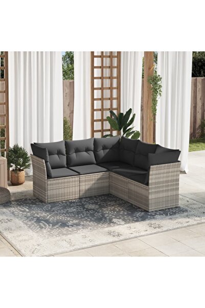vidaxl Garden sofa set with cushions, 5 pieces, light grey, polyrattan