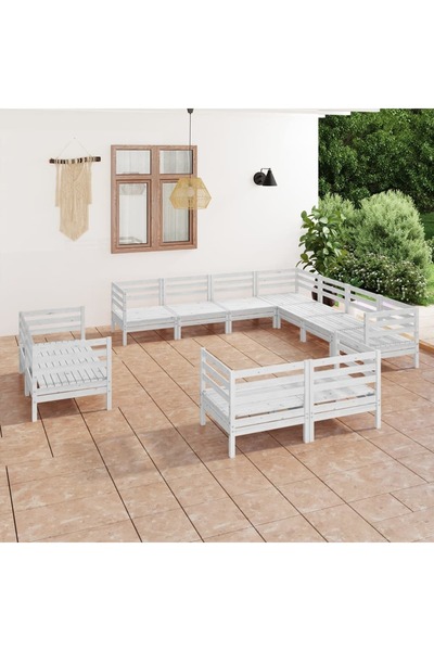 vidaxl Set mobilier de gradina, 11 piese, alb, lemn masiv de pin