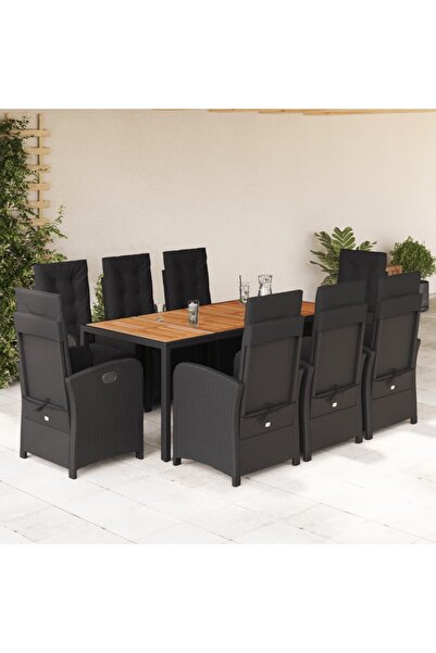 vidaxl Garden furniture set with cushions, 9 pieces, black, polyrattan