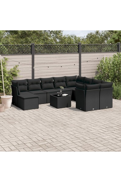 vidaxl Set canapele de gradina cu perne, 10 piese, negru, poliratan
