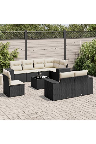 vidaxl Garden furniture set with cushions, 9 pieces, black, polyrattan