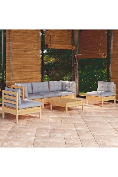 vidaxl Set mobilier gradina cu perne gri, 6 piese, lemn de pin