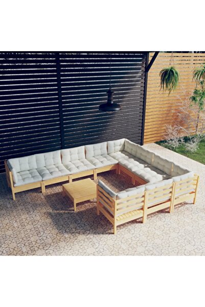 vidaxl Set mobilier gradina cu perne crem, 11 piese, lemn de pin
