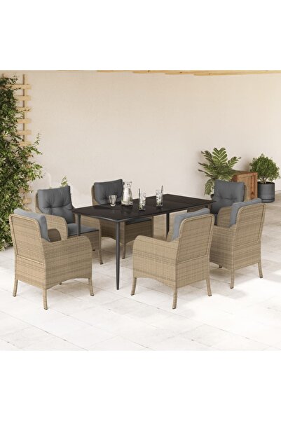 vidaxl Set de masa pentru gradina, 7 piese, cu perne, bej, poliratan