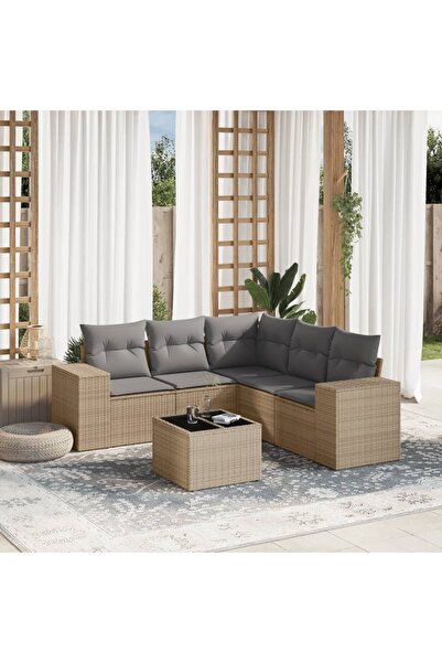 vidaxl Garden sofa set with cushions, 6 pieces, beige, polyrattan
